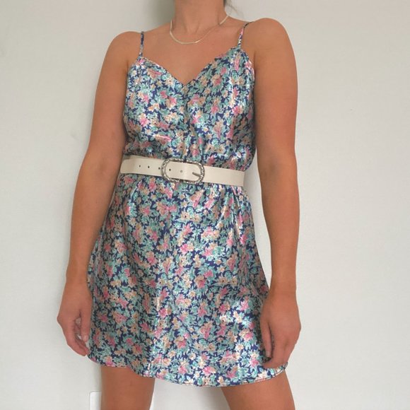 Vintage Floral Satin Slip Dress Navy, Pink, Green - Picture 5 of 7